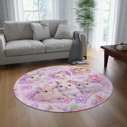 Cute bunnies round - rug, pink